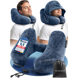 Подушка для шиї HELDENWERK® Air: 5 положень, швидка підкачка, регулювання тиску, знімний капюшон, для подорожей (літак, авто), темно-синій, великий розмір