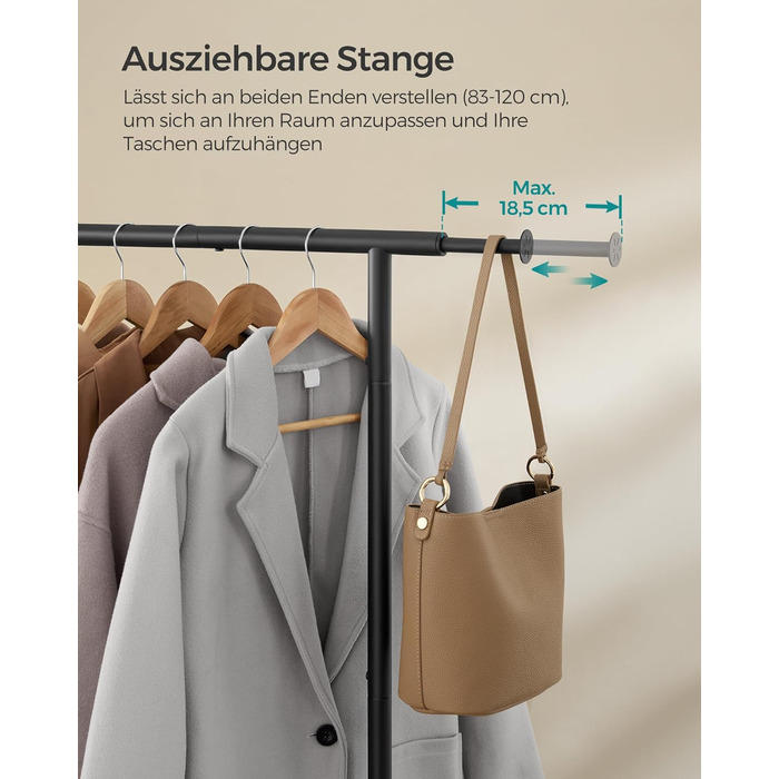 SONGMICS Clothes Rack with Wheels, Extendable Clothes Rod, Garment Rack made of Steel Pipes, Elevated Storage Rod, 40 x (83-120) x 156 cm, Cloud White HSR134W01 (Ink Black)