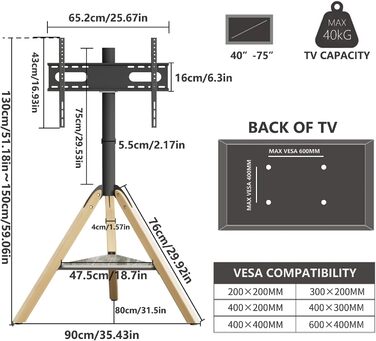 Підставка для телевізора Vanconwey Boden-TV-Ständer для LED/LCD екранів 40-75 дюймів, кутова, поворотна, з полицею з синтетичного каменю, VESA 600x400mm, до 40 кг