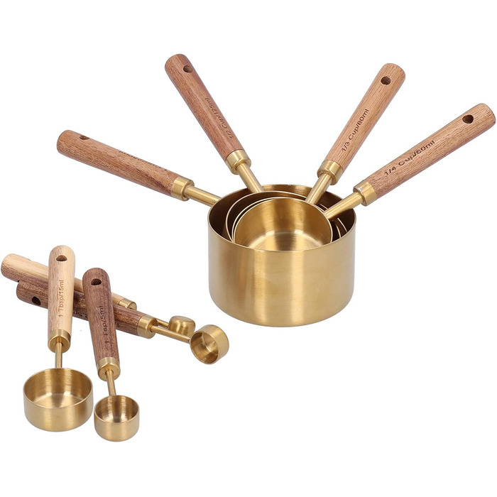 KOSDFOGE 8-Piece Stainless Steel Measuring Cup Set with Wooden Handle, Bartending Scale, Measuring Spoons, Baking Tool