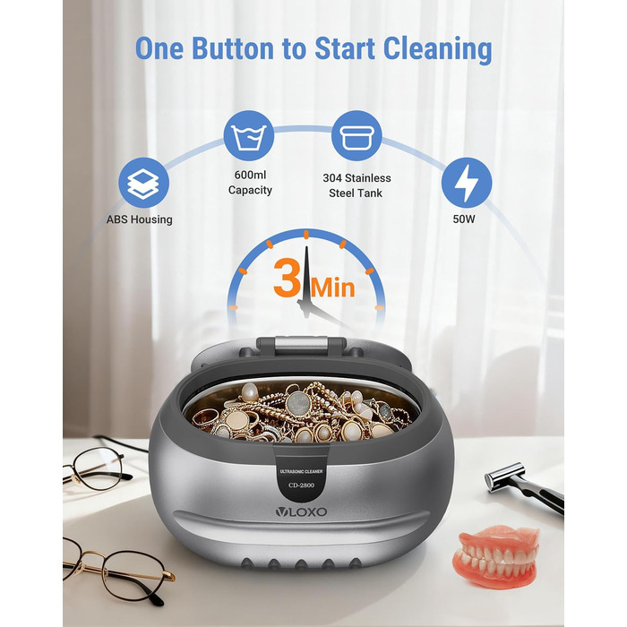Ультразвукова мийка VLOXO 600мл, 42 кГц – для ювелірних виробів, інструментів, протезів, годинників, нержавіюча сталь, 50W