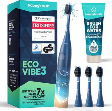 Електрична звукова зубна щітка happybrush® Eco Vibe 3 - Чорний колір - Набір з 4 насадок (Ocean) - Тестовий лідер - 100 днів тестування