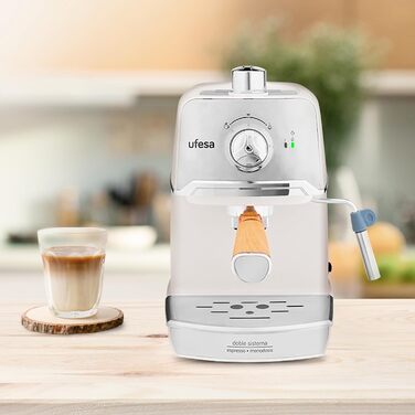 Ufesa 7238 Espresso Machine with Milk Frother, 20 Bar, Cup Warmer, Compact Classic Design, White
