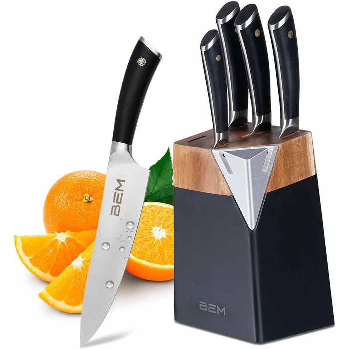 Набір кухонних ножів BEM Master Chef 6 шт. з підставкою: кухонний ніж, ніж для овочів, ніж для нарізки, універсальний ніж, ніж для хліба; шліфувальник, нержавіюча сталь
