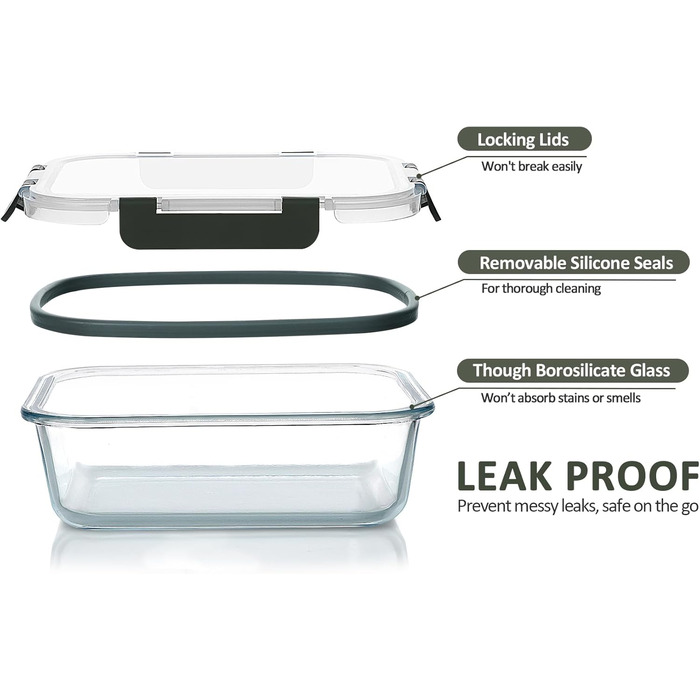 Набір скляних контейнерів MCIRCO 30 шт. (15 контейнерів + 15 кришок) - прозорі кришки, BPA free, для дому, кухні, ресторану (сірий)