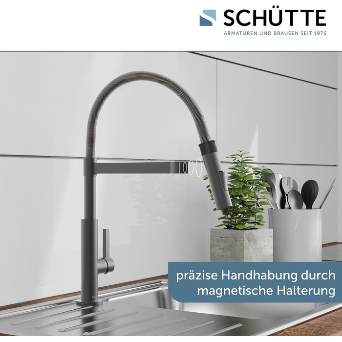 Кухонний змішувач SCHÜTTE 79147 MIAMI з висувною насадкою, 360° поворот, Soft Touch, магнітна струменіва, для мийки, графіт