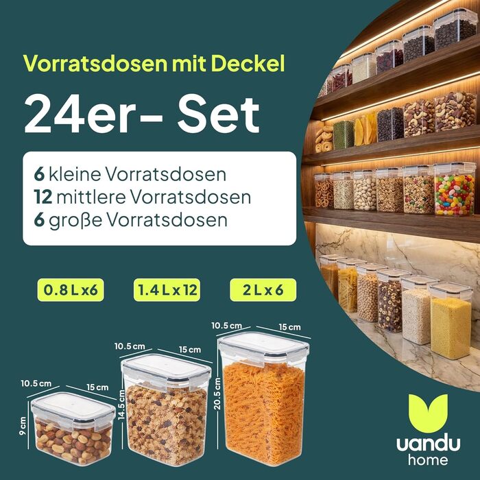 Набір контейнерів для зберігання Uandu з кришкою, 24 шт. BPA Free, для кухні: мюслі, борошно, цукор, з ручкою та етикеткою чорного кольору