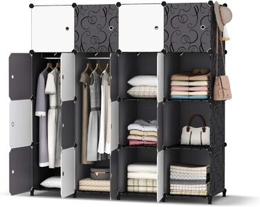 HOMIDEC Wardrobe, Portable Shelving System, 20 Cube Closet made of Plastic with 2 Clothes Rails, Bedroom Wardrobe Closet White for Bedroom, 180 x 142 x 45cm (16 cube, White & Black)