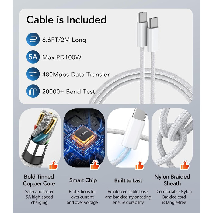 65W USB-C зарядний пристрій 3-портовий з кабелем 2м: для MacBook, iPhone, Switch, Galaxy, Tablet, Laptop