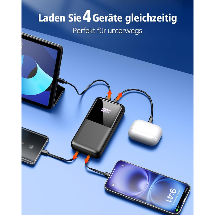 Power Bank 40000mAh 22.5W PD USB-C: Зовнішній акумулятор з 3 портами та 2 кабелями, сумісний з iPhone, Android