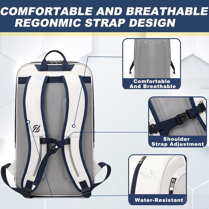 Tennis Padel Pickleball Bag - Large Sports Bag with Shoe Compartment, Laptop Sleeve & Ball Sleeve - White/Blue