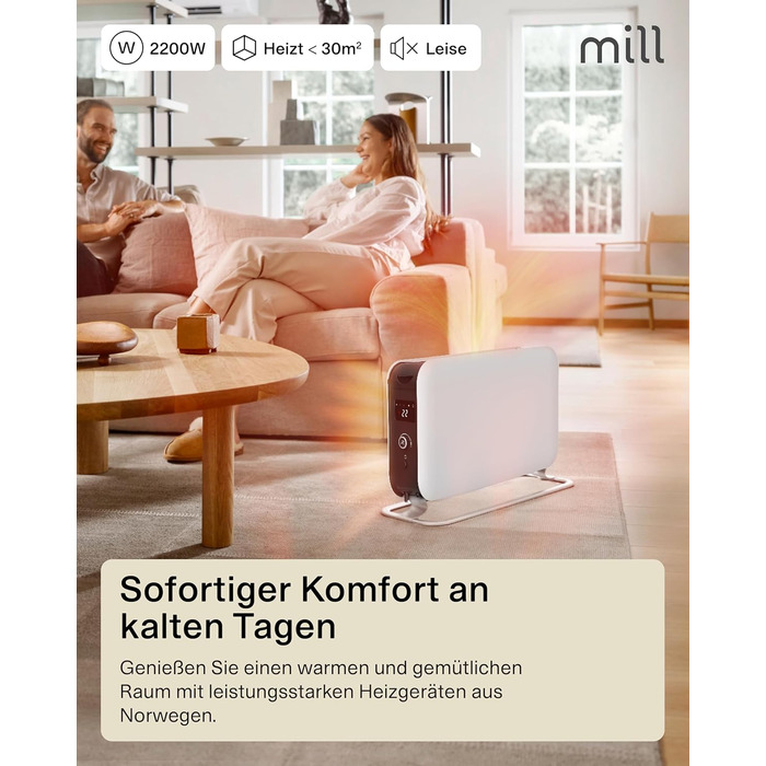 Електричний конвекторний обігрівач Mill MEC 2000W – 24-28 м², з термостатом, тихий, для дому, білий