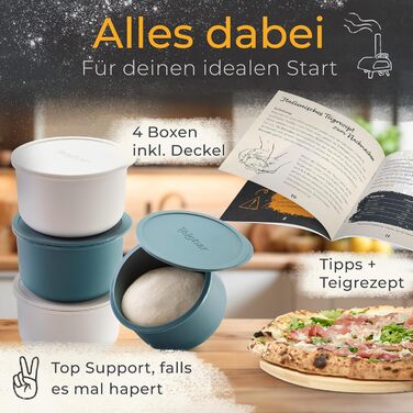 Pizza Ball Box with Lid, Set of 4 - Space-saving dough box made of easy-release silicone - Holds up to 350g of pizza dough - Proofing box, pizza accessory, pizza box - Black/Gray - Ø13cm (4 pieces blue+white)