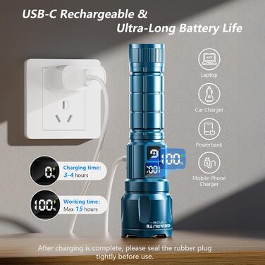 LED ліхтарик Gearlite з підзарядкою, 6000 люмен, тактичний, з регулюванням фокусу, 3 режими, водонепроникний IP65, для кемпінгу, риболовлі, надзвичайних ситуацій, походів (блакитний, 1 шт.)