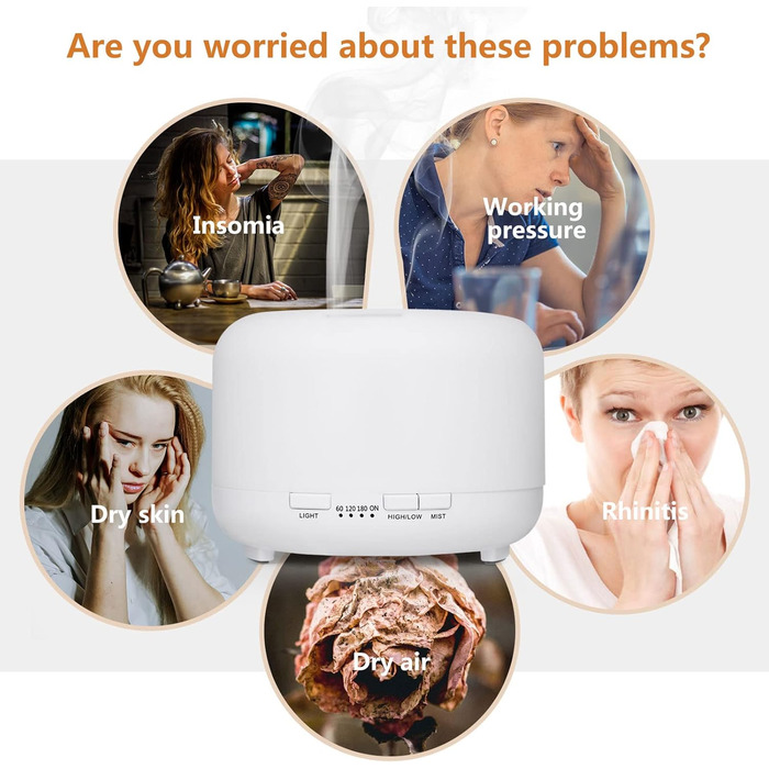 Аромадифузор Hianjoo Aroma 450 мл з таймером, ультразвуковий, 7 кольорів LED, з пультом, для спа/офісу/йоги - білий