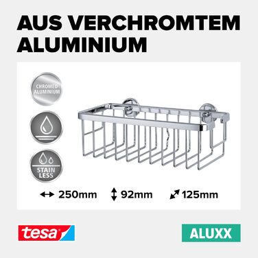 tesa ALUXX Shower Basket, Aluminum, Chrome-plated, guaranteed rust-free, including adhesive solution, deep base, 125 mm x 250 mm x 92 mm