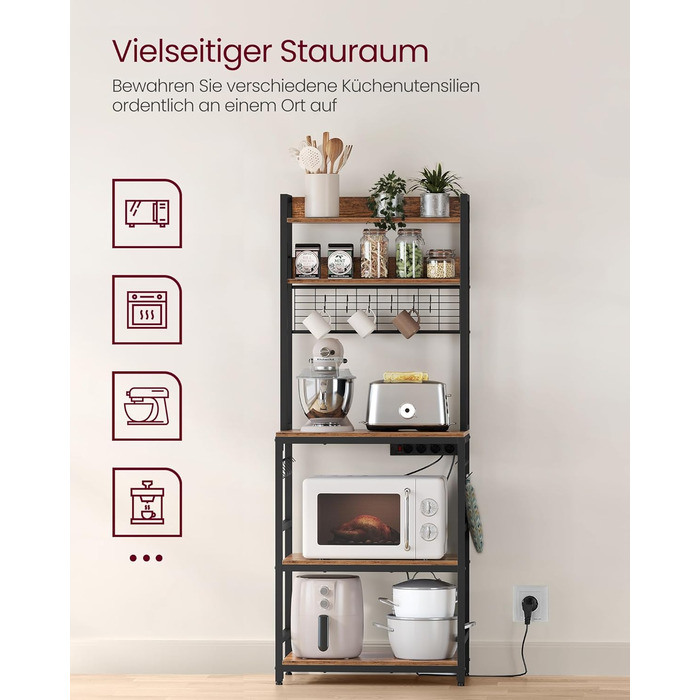 Стелаж кухонний VASAGLE з розетками, для мікрохвильової печі, з решіткою, 14 гачків, антрацит-чорний, 40x60x170 см, вінтажний коричневий + чорний