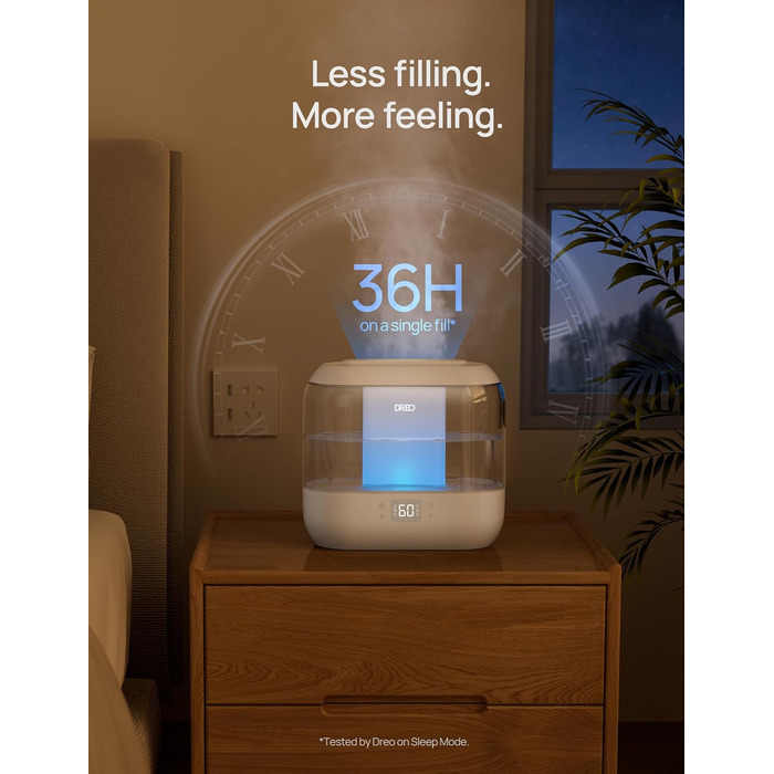 DREO Умний зволожувач повітря для спальні, верхнього заповнення, 4L великий охолоджувач туману, зволожувач з дифузором для ефірних олій та нічним світлом, 36 годин роботи, тихий ультразвуковий зволожувач для дому, білий
