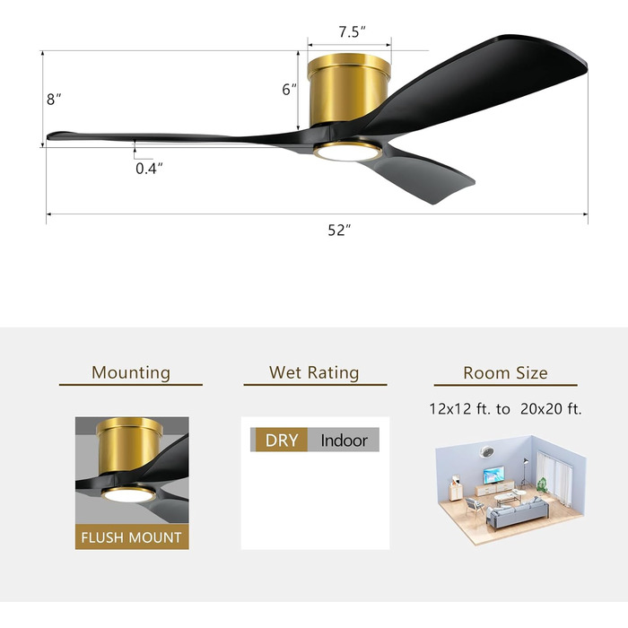 Сучасний стельовий вентилятор 132 см з підсвічуванням та пультом керування, тихий DC-двигун, сумісний з Alexa/Google Home (чорне золото)