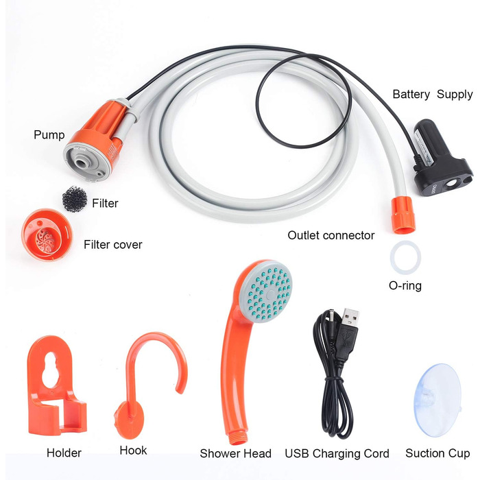 Portable Outdoor Shower Head, Shower Pump, Detachable USB Rechargeable Batteries, Pumps Water from Bucket, for Camping, Hiking, Pet Cleaning, Pet Shower, Car Washing