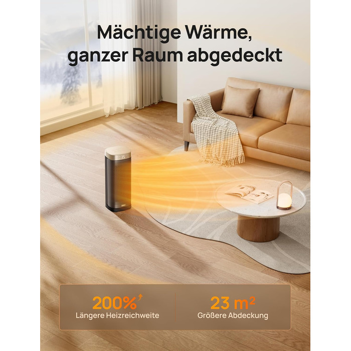 Електричний обігрівач DREO Solaris Slim H2, 2000W, керамічний, з термостатом, таймером, осциляцією, захистом від перегріву та нахилу, золотий