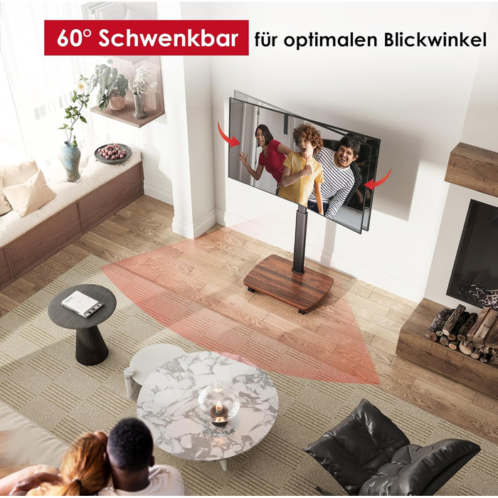 AOKCOS Rolling TV Stand with Wood Shelf - Adjustable Height & Swivel - VESA 400x400 - Holds 32-65 Inch TVs up to 40kg