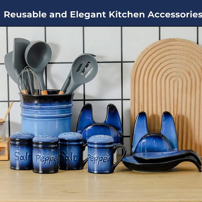 Nihow Ceramic Salt and Pepper Shaker Set, 2.6 inches, Bar Salt and Pepper Shakers, Rust-Proof Spice Shakers, Elegant, Black and Blue, 2 Pieces
