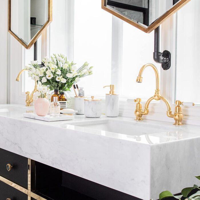 Набір аксесуарів для ванної кімнати: дозатор мила та тримач для зубних щіток, мармур, золото, стиль фермерський дім, 5 предметів