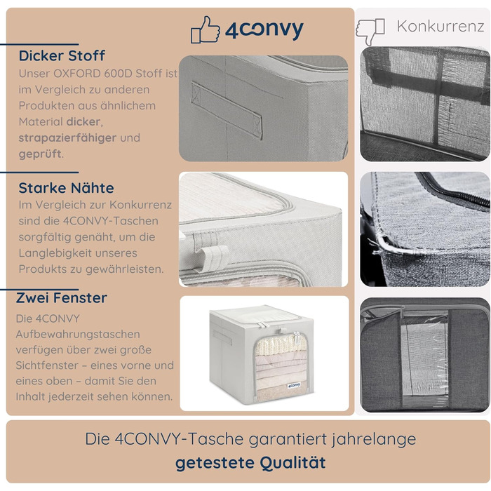 Складана коробка для зберігання одягу 4CONVY з блискавкою та металевим каркасом (3x40л, сірий, 2 вікна) - покращене матеріали 2024 року