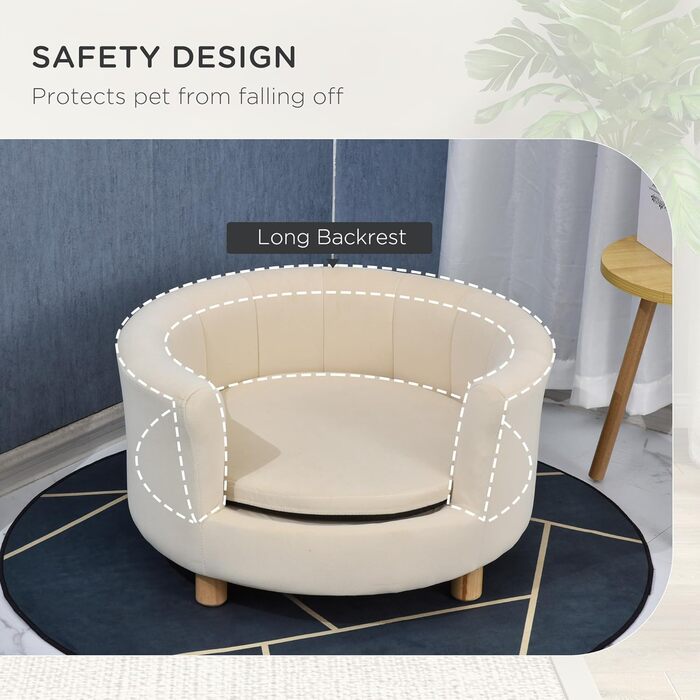 PawHut Софа для собак з підголівником та знімним подушкою, для дому, 65x64x37 см, кремовий колір