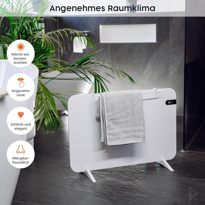 Обігрівач KönigsHaus 450W Smart Dual-Інфрачервоний V2 - підлоговий/настінний - керування через Wi-Fi, пульт - з тримачем для рушників, ніжки та кріплення - білий, з дисплеєм