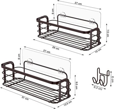 Avoalre Shower Caddy without Drilling, 2 Pack Shower Shelf with 1 Movable Hook, Load Capacity 10KG Shower Shelf Bronze Shower Storage