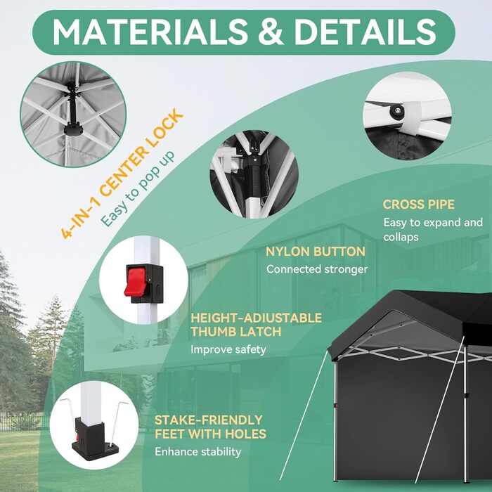 COBIZI Gazebo - Folding Gazebo - Waterproof, Stable, 275 cm Party Tent, UV Protection 50+ - Folding Gazebo with Waffle Pattern for Camping, Beach, Family Gatherings (White) (Black, 3x3m with 1 Side Walls)