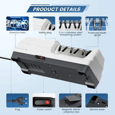 Електричний точило для ножів професійний 3-х ступінчастий з захистом від перегріву, тихий мотор, швидке заточування кухонних ножів (білий)