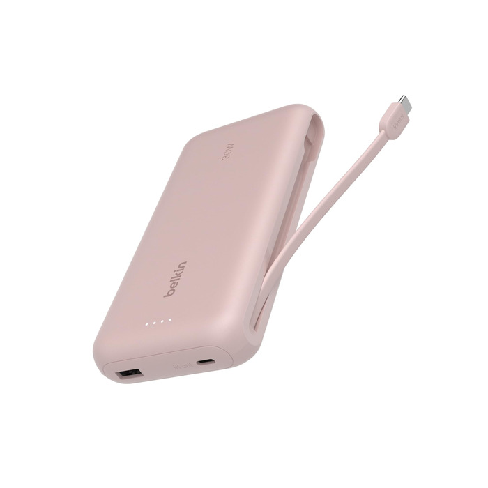 Повербанк Belkin Portable Powerbank 20000 mAh з вбудованим кабелем USB-C, швидка зарядка PD 30W для iPhone 16, iPad Pro, Samsung Galaxy S25, рожевий