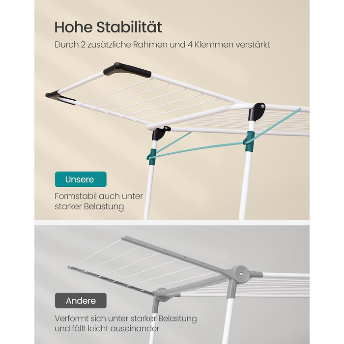 SONGMICS Сушарка для білизни на коліщатках, металева, біла, 52.5 x 173 x 96.5 см, з тримачем для шкарпеток, для одягу, рушників та білизни