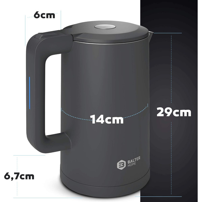 Balter Stainless Steel Kettle WK-4, 1.7 Liter, Electric Kettle, Double-Walled Design, BPA Free, LED, Compact Tea Kettle, Quiet (Black) (Gray)
