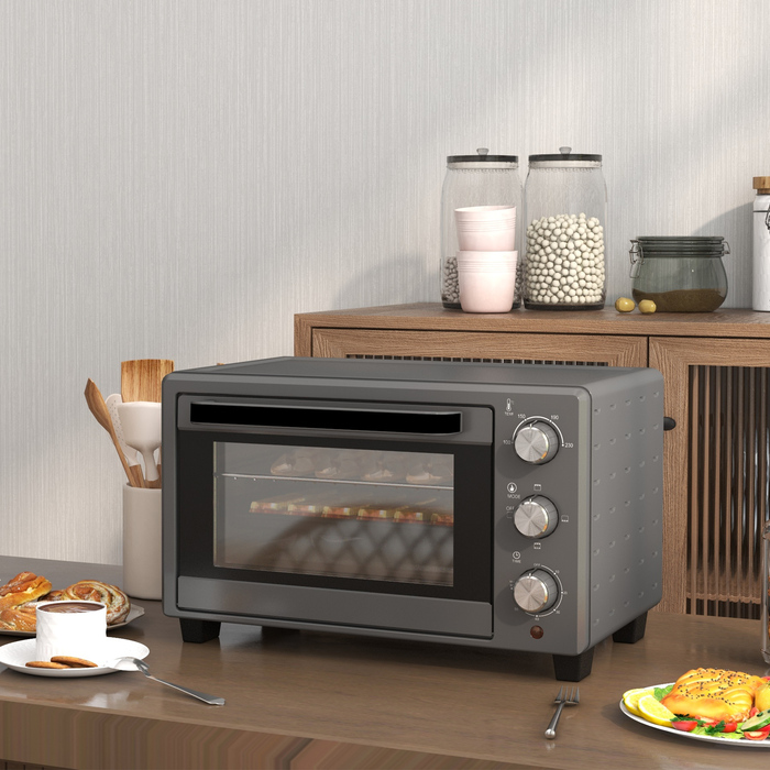 HOMCOM 21L Mini Oven 1400W 60 Min. Timer, Small Oven with Adjustable Temperature 100°C-230°C Baking Time, Mini Oven with Baking Tray, Wire Rack, Stainless Steel Table Oven, Grey | Aosom