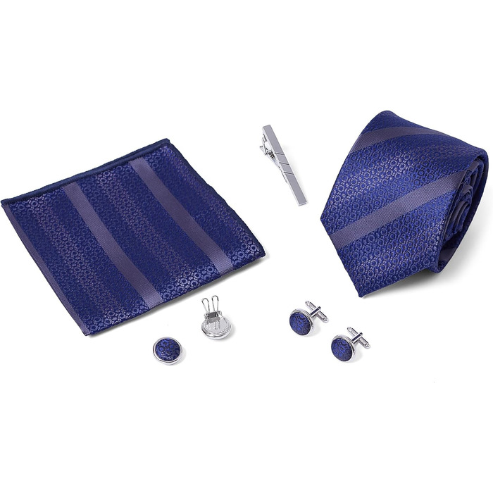Подарунковий набір для чоловіків: краватка, хустинка, запонки, зажим для краватки та ґудзики для манжетів, блакитний в смужку, для офісу, весілля, костюма. Елегантний подарунок