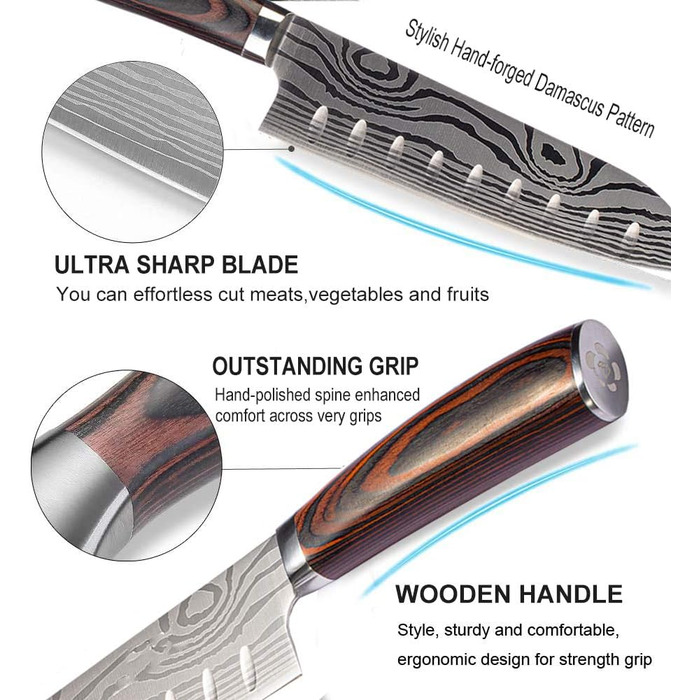 Японський ніж Santoku AIRENA, 7 дюймів (17.8 см), професійний кухонний ніж з високоякісної сталі D2, ергономічна ручка, для дому та кухні