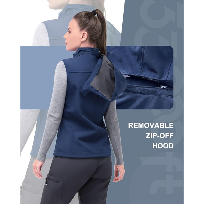 Жіночий софтшеллова жилетка 33000ft з капюшоном та флісовою підкладкою, водонепроникна та вітрозахисна, з 5 кишенями для їзди на конях, бігу та походів (4XL, Синій)