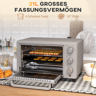 HOMCOM 21L Small Oven, 100°C-230°C, 1 Hour Timer, with 3 Cooking Modes, Wire Rack, Baking Tray, Stainless Steel, 46L x 38.5W x 29H cm, Silver | Aosom