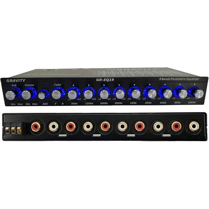 Автомобільний еквалайзер Gravity EQ19 1/2 DIN, 9-смуговий, 9V, 3 RCA виходи, AUX/DVD, передній/задній/сабвуфер
