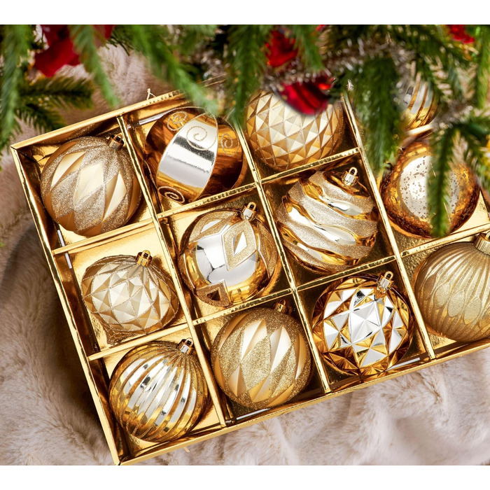 Набір з 12 великих новорічних кулі для ялинки, 10 см, захищені від розбиття, з петелькою (шампанське)