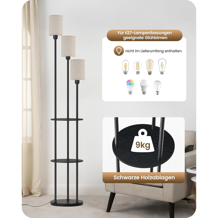 Стельова лампа для вітальні з поличкою, 3-хламкова лампа на ніжці з полицею Vintage, Бохо підлогова лампа з дерева з вимикачем на ніжці, патрон E27, ретро-дизайн, рустикальний коричнево-бежевий колір ZEF53LDD05 (Бежевий, Чорний)