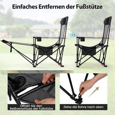 Крісло для кемпінгу та риболовлі Costway з підставкою для ніг, регульованою спинкою, підголівником, тримачем для напоїв та бічною кишенею (Сірий)