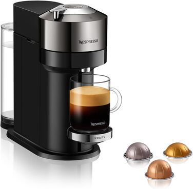 Кавомашина Nespresso Vertuo Next Krups XN910C: 6 розмірів чашок, автоматичне розпізнавання капсул, об'єм резервуару 1.1 л, 54% з переробленого пластику, темне хромоване покриття