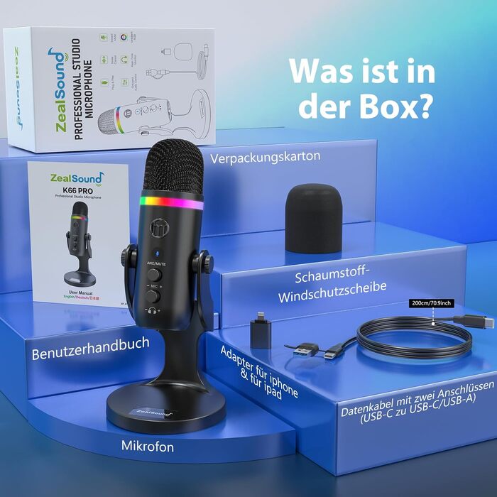 USB мікрофон Zealsound RGB для ПК, iPhone, стримінгу, YouTube, Discord, PS5, Mac. Підтримка USB-C та Lightning, шумозаглушення, Plug & Play