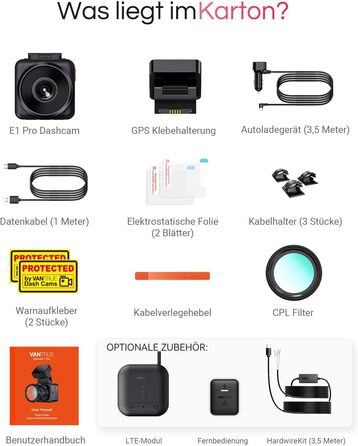 Відеореєстратор VANTRUE E1 Pro 4K HDR STARVIS: Автомобільний відеореєстратор з GPS, Wi-Fi, нічним баченням та паркувальним режимом