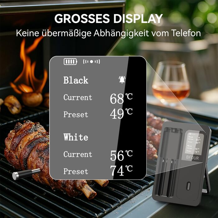Бездротовий термометр для м'яса BFOUR з 2 зондами, Bluetooth, LCD-дисплей, керування через додаток, цифровий термометр для приготування на грилі, в духовці, диморі, BF-40 PRO чорний